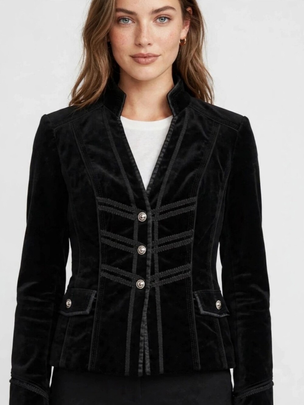 White House Black Market Black Velvet Military-Style Blazer